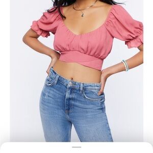 Women's Pink Puff Sleeve Crop Top